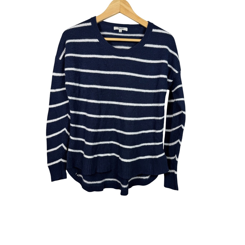 Madewell Sweater Womens Medium Navy‎ Blue White Striped High Low Hem E0135